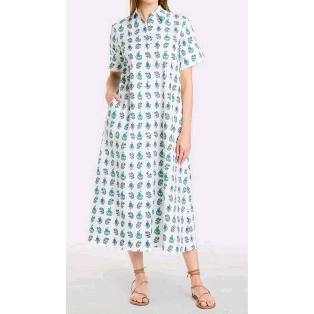 Livro Gibbons Dress Size XS Beach Sprigs Cotton Shirt Dress Block Print White